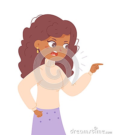 Angry woman scolding, young female character pointing finger, lady warning in quarrel Vector Illustration