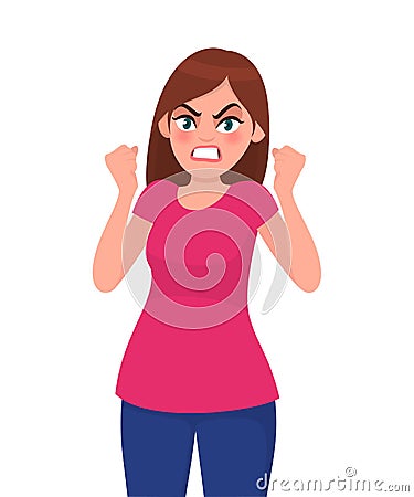 Angry woman is screaming and raising her fists up. Furious angry woman screaming with rage and frustration. Human emotion concept. Vector Illustration