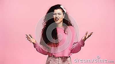 angry woman showing indignation gesture while Stock Photo