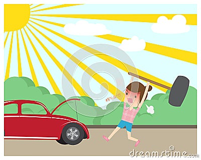 Angry woman smashing red car hammer Vector Illustration