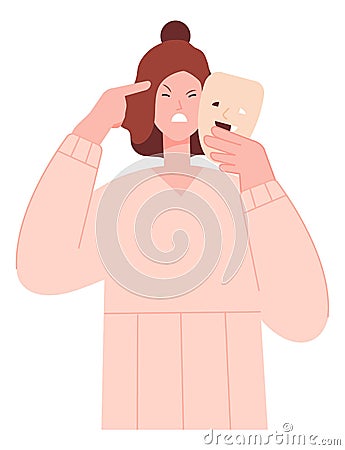 Angry woman in smiling mask. Hypocrisy and fake positive Vector Illustration