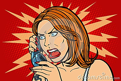 Angry Woman talking on the phone. Emotions. Vector Illustration