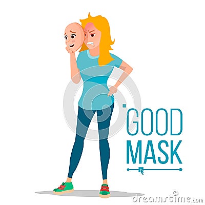 Angry Woman Wear Good Mask Vector. Bad, Tired Female. Fake Person. Deceive Concept. Isolated Flat Cartoon Business Vector Illustration