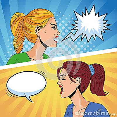 Angry women profiles with speech bubbles pop art style characters Vector Illustration