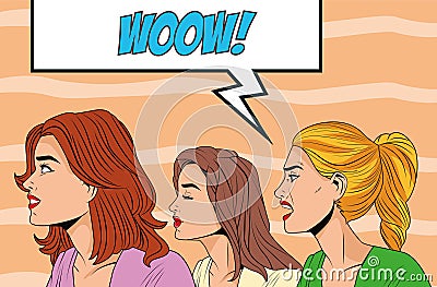 Angry women profiles with woow word in speech bubble pop art style Vector Illustration