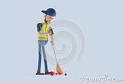 Angry worker cleaning remains of the virus after coronavirus crisis. Concept of political backwash after the pandemic. Stock Photo