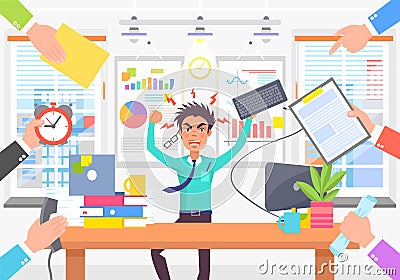 Angry Worker Due Lot of Different Works Color Card Vector Illustration