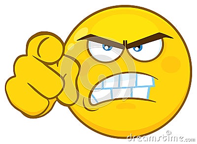 Angry Yellow Cartoon Emoji Face Character With Aggressive Expressions Pointing. Vector Illustration