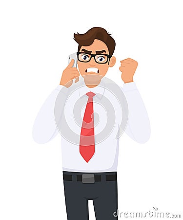 Angry young business man in formal speaking/talking on the mobile, cell or smart phone. Male character gesturing raised hand fist Vector Illustration