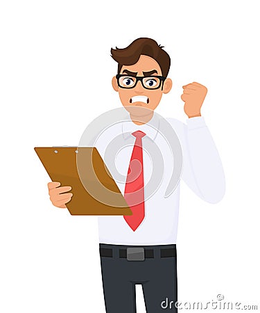 Angry young business man holding clipboard and showing raised arm sign. Aggressive person carrying document or record. Enraged. Vector Illustration