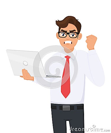 Angry young businessman holding laptop computer and making raised hand fist gesture. Frustrated person shouting or screaming. Vector Illustration