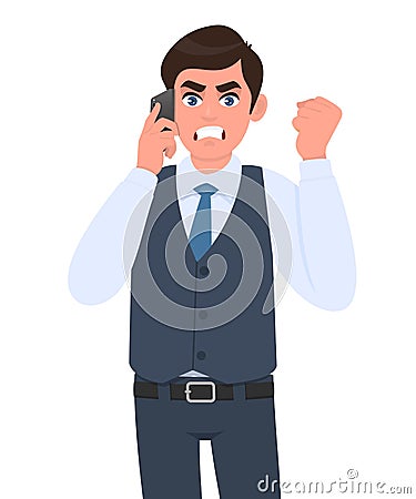 Angry young businessman in waistcoat speaking on phone and gesturing raised hand fist. Frustrated, aggressive person calling Vector Illustration