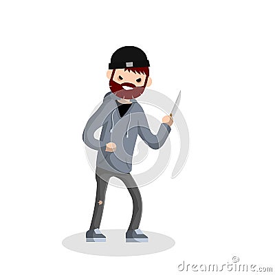 Angry young man with knife. Street Crime. Vector Illustration