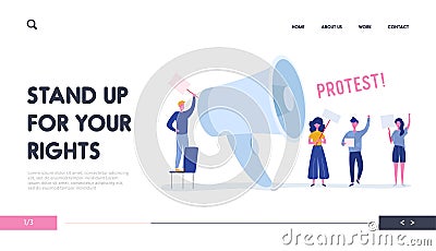 Angry Young People Holding Banners and Placards on Protest Landing Page. Political Meeting or Rally with Loudspeaker Vector Illustration