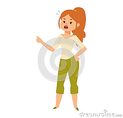Angry young woman arguing, expressive redhead female cartoon character, hands on hips, frustration gesture. Conflict Cartoon Illustration