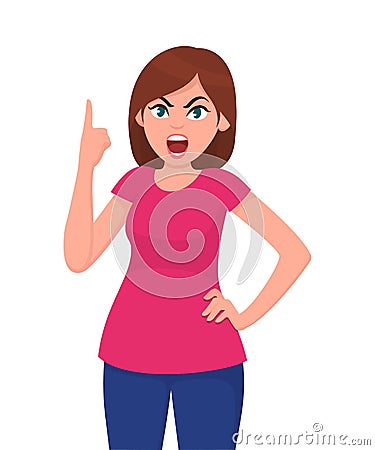 Angry young woman shouting. Angry mad woman yelling and shouting crazy showing rage. Angry furious woman steaming. Human emotion. Vector Illustration
