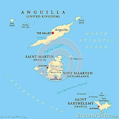 Anguilla, Saint-Martin, Sint Maarten and Saint Barthelemy map Vector Illustration