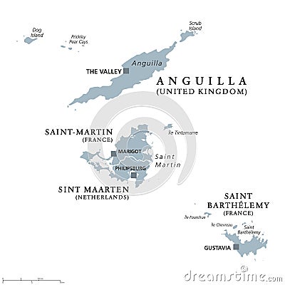 Anguilla, Saint-Martin, Sint Maarten and Saint Barthelemy political map Vector Illustration