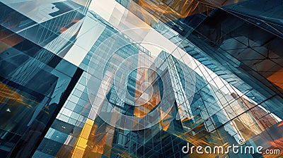 Angular lines and shadowy depths a maze of architectural elements featuring layers of glass facades and abstract forms Stock Photo