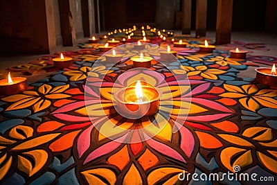 angular view of a bright rangoli design adorned with unlit clay lamps Stock Photo