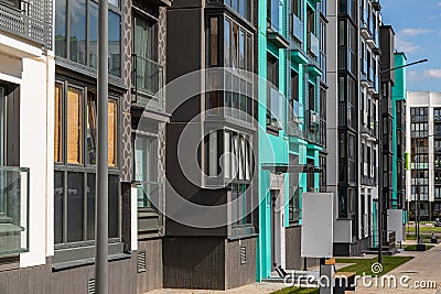 Angular view of entrance to apartment building Stock Photo