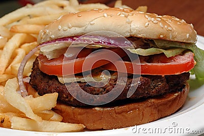 Angus Beef Burger with Fries Stock Photo