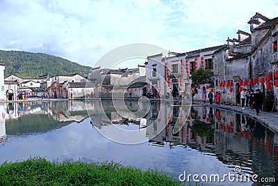 View of the Moon Pond in the center of Hongcun Village, UNESCO World Heritage Site, in Huangshan City. Editorial Stock Photo