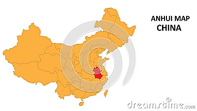 Anhui province map highlighted on China map with detailed state and region outline Vector Illustration
