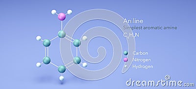 aniline, molecular structures, aromatic amine, 3d model, Structural Chemical Formula and Atoms with Color Coding Stock Photo