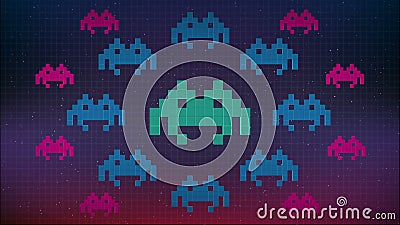 Animación inconsútil del juego del espacio del pixel de 8 pedazos o del virus de ordenador lindo que ataca su ordenador Virus del ilustración del vector Animación inconsútil del juego del espacio del pixel de 8 pedazos o del virus de ordenador lindo que ataca su ordenador Virus del ilustración del vector