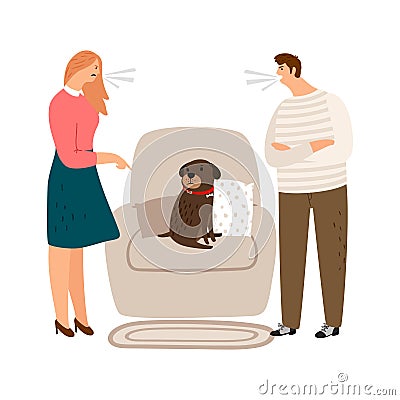 Animal abuse. Woman and man scream, angry people and sad dog vector illustration Vector Illustration