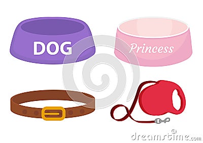 Animal accessories supplies set of icons, flat, cartoon style. Collection of items for dog care with bowl, leash, collar Vector Illustration