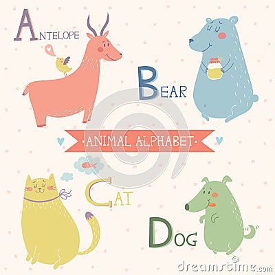 Animal Alphabet. Antelope, Bear, Cat, Dog. Part 1 Vector Illustration