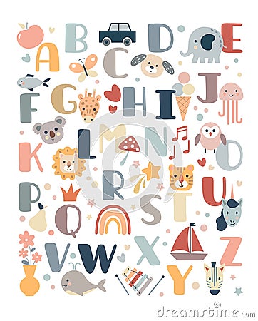 Animal alphabet. Baby Boho nursery uppercase letters. Bohemian poster with cute rainbow and clouds. English ABC font Vector Illustration