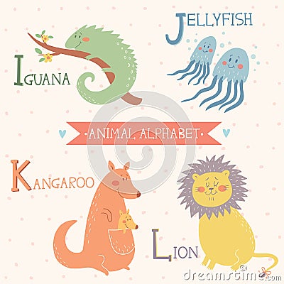 Animal Alphabet. Iguana, Jellyfish, Kangaroo, Lion. Part 3 Vector Illustration