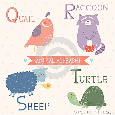 Animal Alphabet. Quail, Raccoon, Sheep, Turtle. Part 5 Vector Illustration