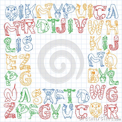 Animal alphabet. Zoo alphabet. Letters from A to Z. Cartoon cute animals. Elephant, dog, flamingo, giraffe, horse Vector Illustration