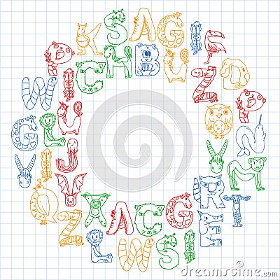 Animal alphabet. Zoo alphabet. Letters from A to Z. Cartoon cute animals. Elephant, dog, flamingo, giraffe, horse Vector Illustration