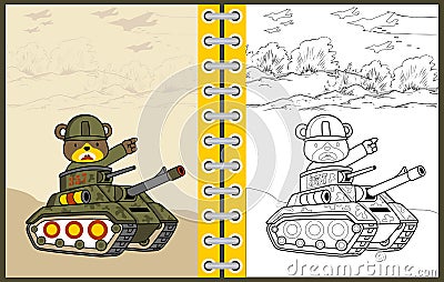 Animal army on armored vehicle cartoon, coloring page or book Vector Illustration