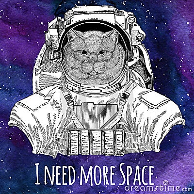 Animal astronaut Brithish noble cat Male wearing space suit Galaxy space background with stars and nebula Watercolor Stock Photo