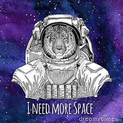 Animal astronaut Wild cat Leopard Cat-o`-mountain Panther wearing space suit Galaxy space background with stars and Stock Photo