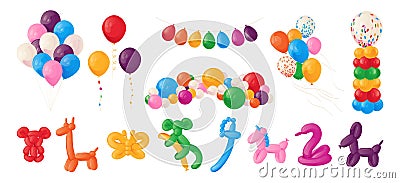 Animal balloons. Cartoon kids party helium spheres. Birthday decoration of glossy cute toys. Festive bright collection Vector Illustration