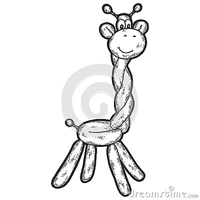 Animal of balloons. Cheerful giraffe. Engraving raster illustration. Cartoon Illustration