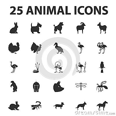 Animal and beast 25 black simple icons set for web Vector Illustration