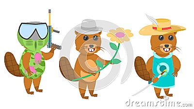 Animal Beavers With Flower And Hat, Playing Paintball, Musketeer In A Hat And With A Saber Vector Stock Photo