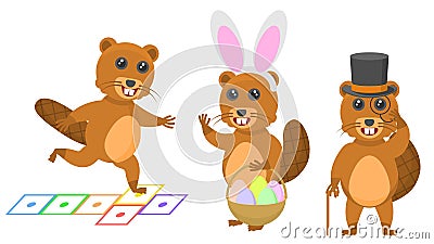 Animal Beavers Playing Hopscotch, In A Top Hat And With A Cane, In Bunny Ears With A Basket Of Eggs Vector Illustration