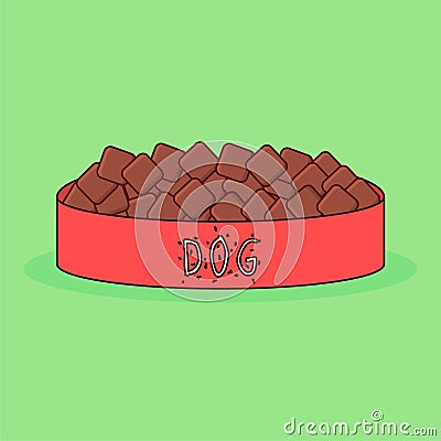 Animal bowl with feed. Dog food. Paw print. Red plate. Cartoon vector illustration. Vector Illustration