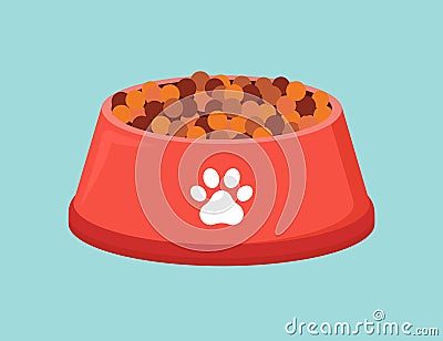 Animal bowl plate with food dog and cat. Flat bowl food biscuit isolated dish plastic red cartoon icon. Vector Illustration