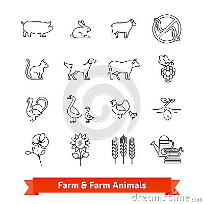 Animal breeding and farming thin line art icons Vector Illustration