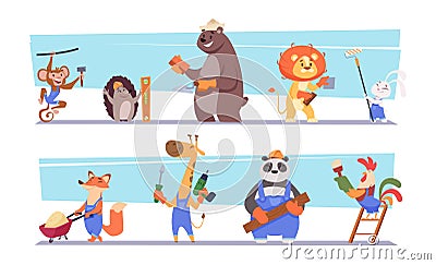 Animal builder. Cartoon mascots animal constructor workers in helmets exact vector illustration set Vector Illustration